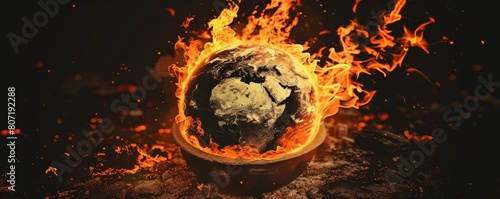 The world is put in the pot and surrounded by flames. The picture symbolizes that the world is entering a state of global boiling.