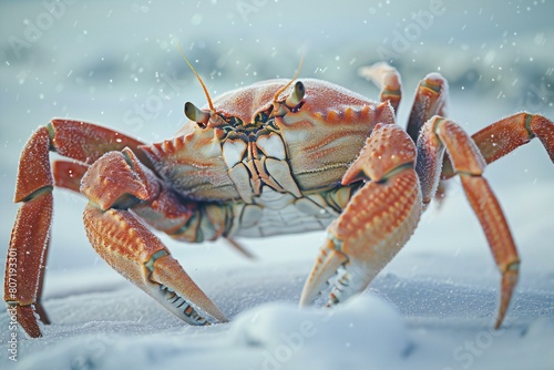 Crab on the beach in the snow, illustration