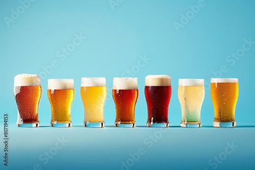 Many different beer glasses in row on blue background, illustration
