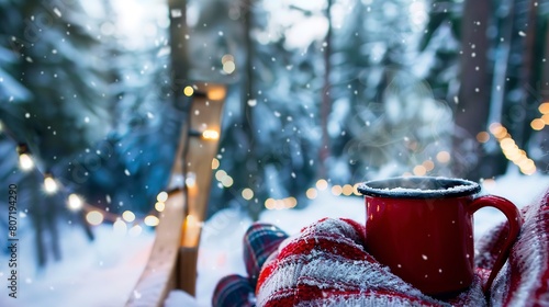 Tourist on a sleigh ride in a snowy forest, close-up on cozy blankets and steaming mug, twinkling lights 