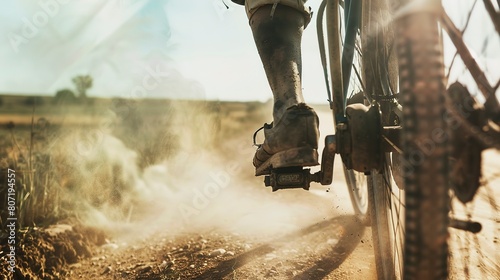 Backpacker biking on a dusty country road, close-up on spinning wheel and dusty boots, open fields