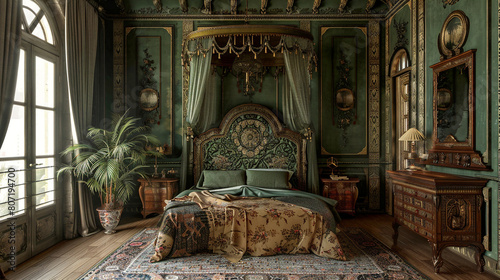 Ornate green bedroom with a large bed, plants, and a sitting area in a classical style with elements of rococo and art nouveau.