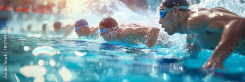 Swimmers fiercely compete in an indoor pool race, highlighting stamina and speed in sports