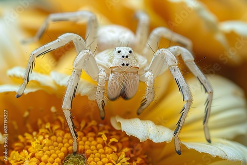 Jumping spider on yellow flower, macro photo of a jumping spider