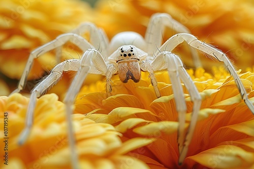 Spider on yellow flower petals close-up macro photography of nature
