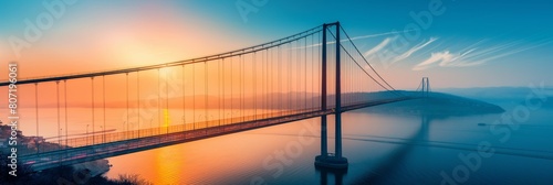 A stunning shot of a large suspension bridge stretching across a bay at sunset, featuring warm colors and soft lighting