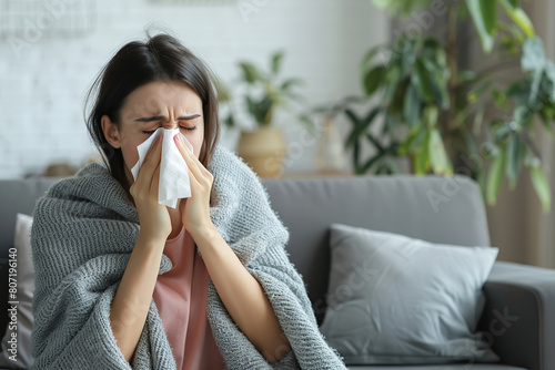 Young sick woman with cold or flue sitting on grey couch, holding a tissue to clear, blowing runny nose. Sneezing Girl under gray plaid blanket with handkerchief to dripping nose, blowing snot at home