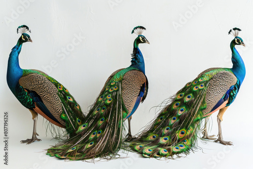 Three peacocks, tails fanned