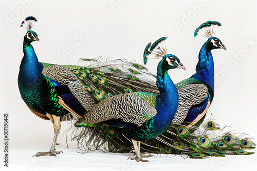 Three peacocks, tails fanned