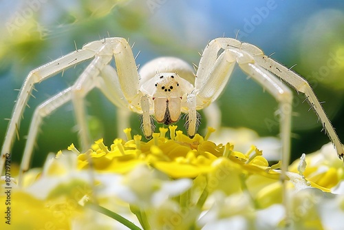 Closeup of a white spider on a yellow flower in nature