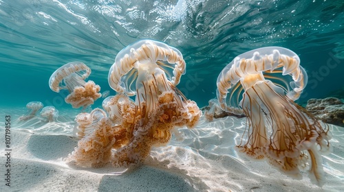 Underwater view of a jellyfish floating near the ocean’s surface with sunlight filtering through the water.