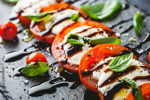 Authentic Italian caprese salad with cherry tomatoes mini mozzarella basil and balsamic glaze