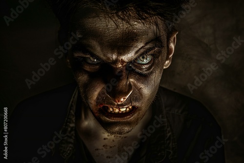 Scary zombie man on dark background, Halloween, Horror film