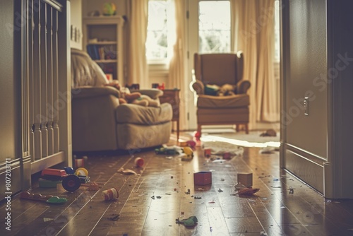 The house is a complete mess. Toys scattered on the floor.