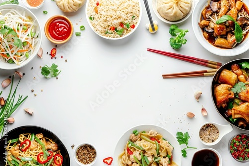 Chinese cuisine dishes on white background top view with space for text