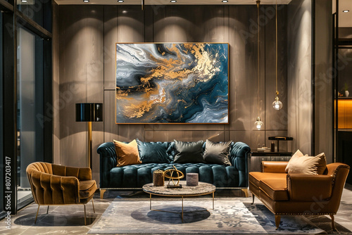 Blue and gold fluid painting in a modern living room interior