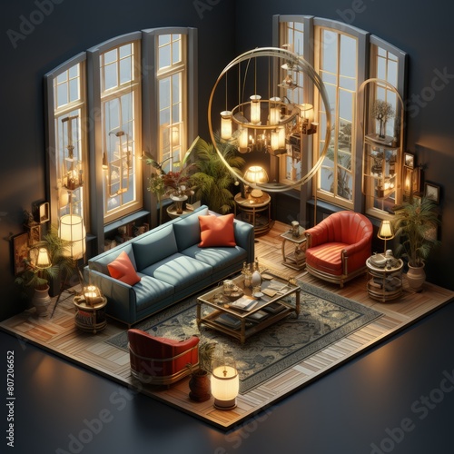 23bit isometric living room artdeco style detailed 4k style
