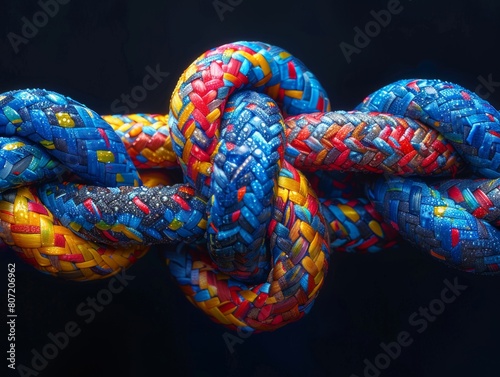 A close-up showcasing a colorful rope contrasted against a black background, highlighting the intricate textures and details of the twisted fibers.