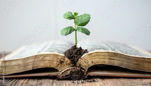 Close up of a mustard seed plant growing on an open holy book with golden pages representing Christian faith spiritual growth and biblical concepts