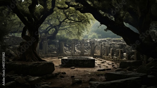 sacred Greek grove with nymphs and dryads lush vegetation babbling brooks and enchanting glades