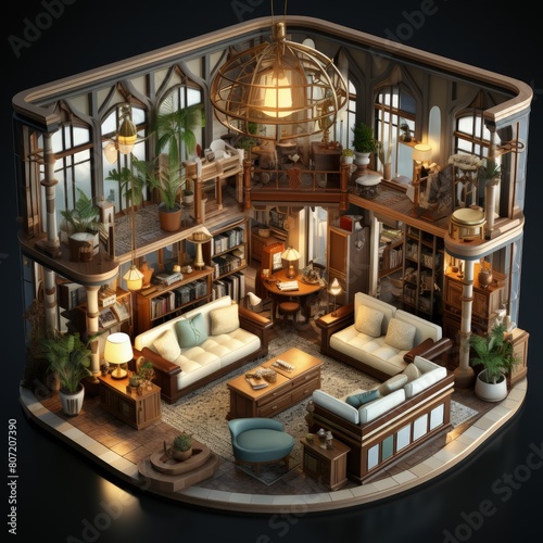 23bit isometric living room artdeco style detailed 4k style