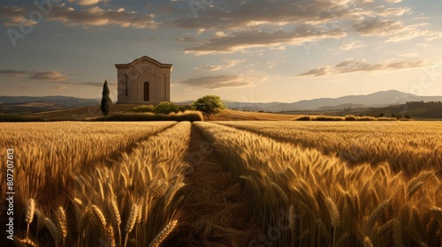 Temple of goddess Demeter surrounded by bountiful wheat fields