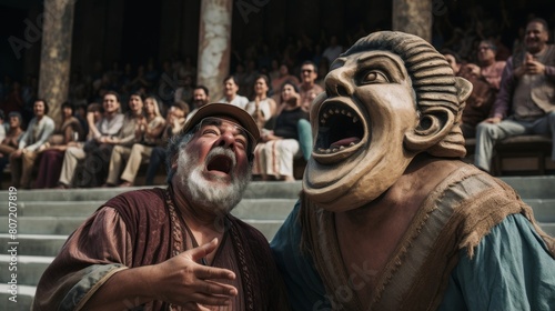 Greek comedy performance in lively amphitheater with exaggerated masks