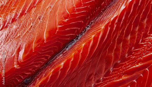 Closeup macro photo of fresh red fish or trout fillet showing texture or pattern Top view on a natural Atlantic Norwegian salmon