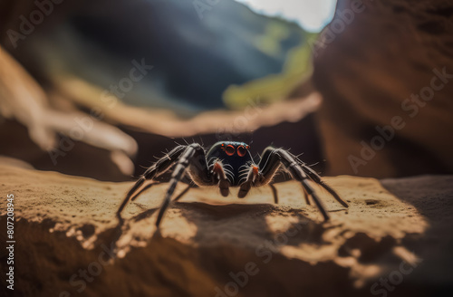 Close-up of a golden spider in a sandy landscape. natural habitat