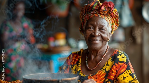 A happy Caribbean grandmother cooking a traditional dish.