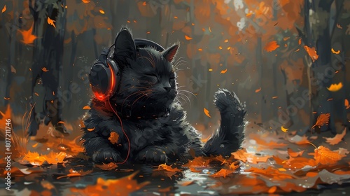 An adorable cat wearing headphones, listening to relaxing music sleepily. 