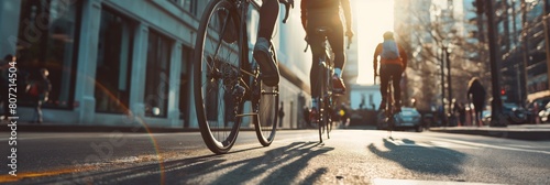 Three cyclists captured from a low angle riding in the city during the golden hour, creating a dynamic urban scene