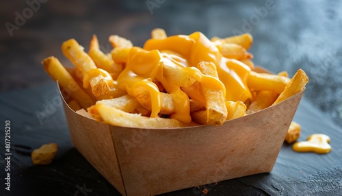 French Fries with Melted Cheese on a cardboard holder