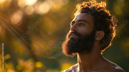 Male wellness culture, tranquil bearded man with eyes closed and face turned to sun, blissful meditative spiritual divine sacred
