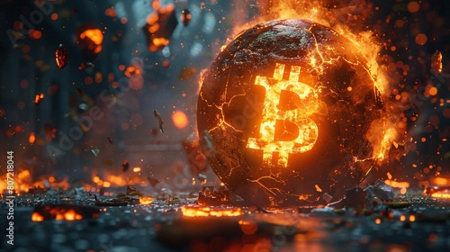 Bitcoin symbol on a crumbling sphere, disintegrating into pixels, representing a financial meltdown