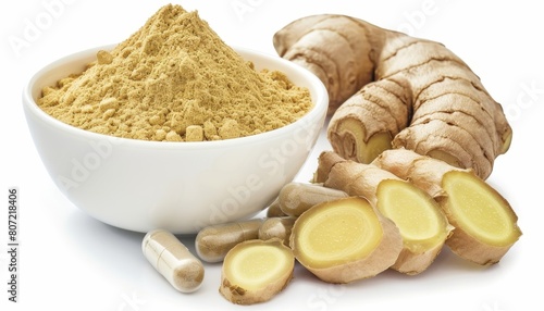 Ginger powder capsules and sliced rhizomes in a white bowl alone on a white background