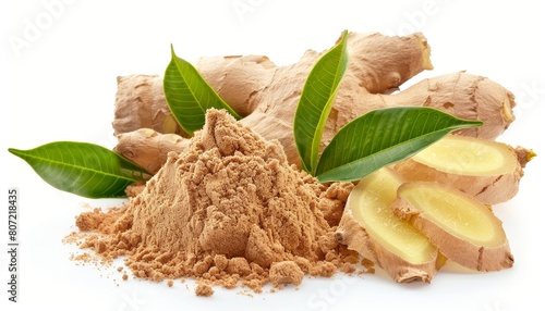Ginger powder dried with fresh rhizome slices and green leaves on white background