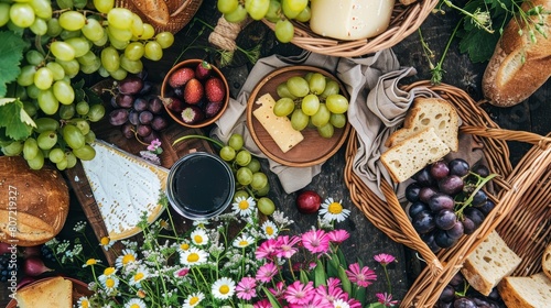 Rustic outdoor picnic setup with fresh fruits, bread, and cheese. Summer dining and nature concept