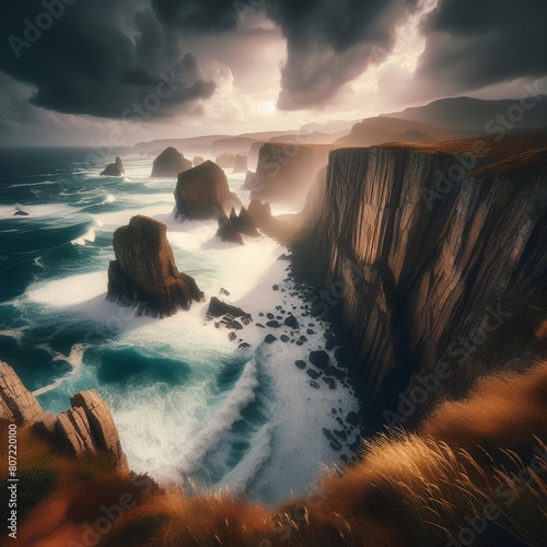 A rugged coastline with towering cliffs battered by crashing waves beneath a dramatic stormy sky