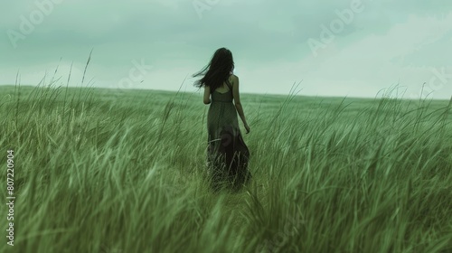 Woman in a black dress running through a windy field, dramatic sky. Emotion and motion concept.