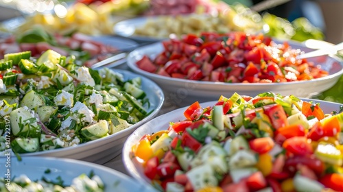 A close up of a colorful array of homemade salads including Greek salad caprese salad and potato salad at a picnic celebrating different cultural cuisines. hyper realistic 