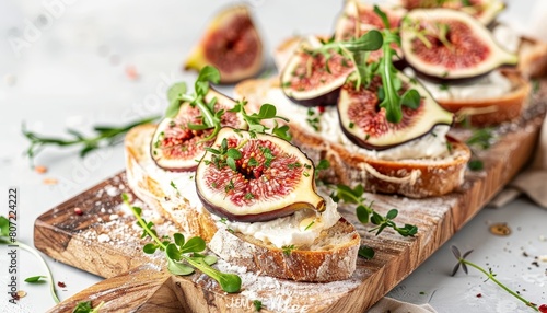 Italian recipe menu with fig cream cheese and honey sandwiches served on a wooden board with toasted baguette microgreens and canapes crostini on a white backgr