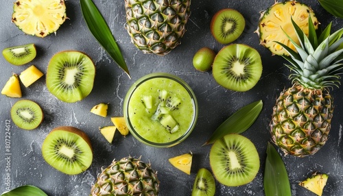 Kiwi and pineapple smoothies on table seen from above
