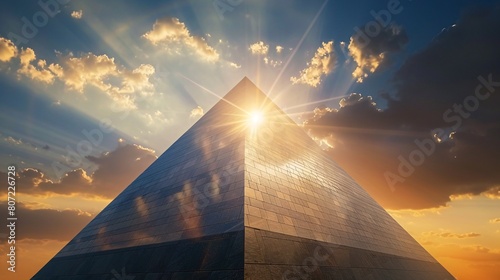 Abstract artwork presents a mirror pyramid, sky background. Graphic design emphasizes shape texture.