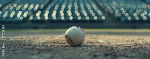 A close up of a baseball on the infield dirt with the stadium in the background.