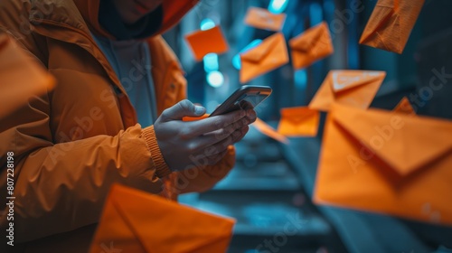 Man Typing text message on smartphone Orange envelopes as incoming and outgoing messages hyper realistic 