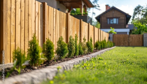 New wooden fence encloses house Focus on empty street