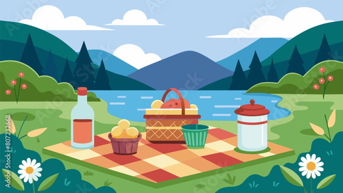 Celebrating a special occasion with a picnic by the lake complete with a gingham blanket wicker picnic basket and mason jar candles..