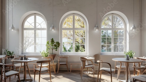 White cafe corner with arched windows hyper realistic 