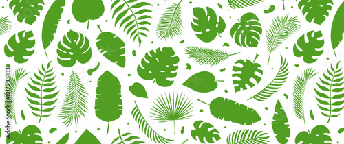 Palm leaves seamless pattern, jungle tropic background, summer banana tree, cute monstera, cartoon abstract hawaii forest, exotic leaf ornament, tropical floral print. Foliage vector illustration